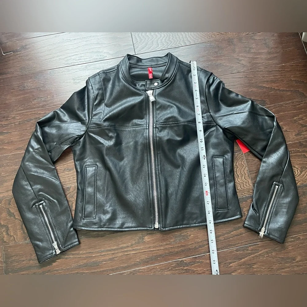 Spanx Women Moto Jacket Size Medium Faux Zip Front Luxe Black NEW